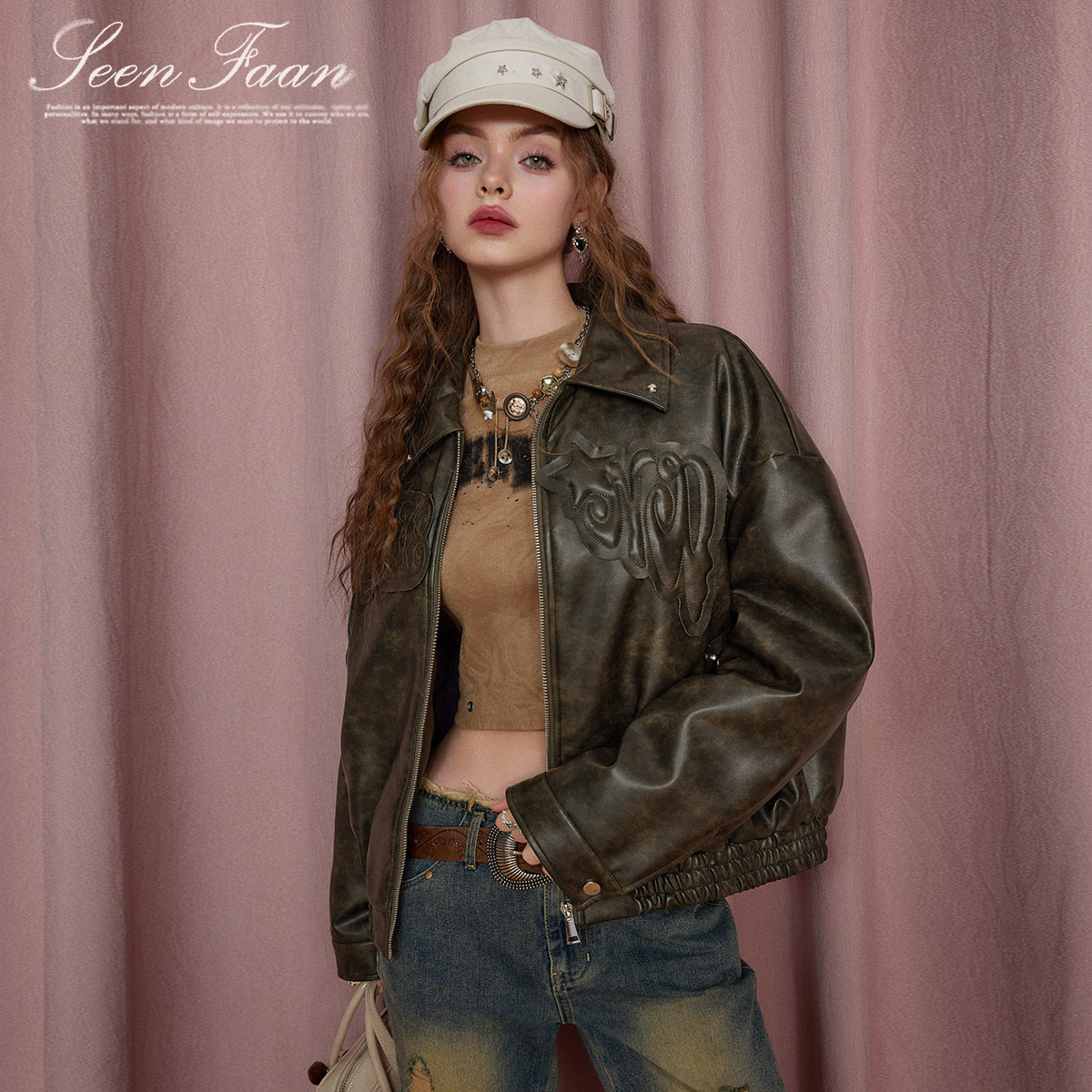 SEENFAAN盛放秋冬长袖刺绣复古机车夹棉PU皮衣外套女ESW034