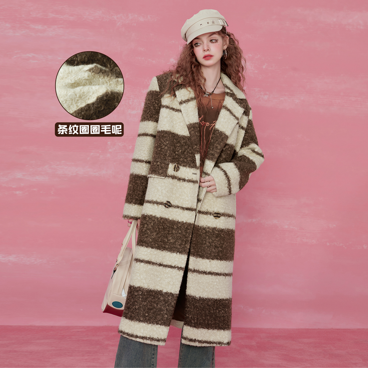 SEENFAAN盛放撞色外套女冬季加厚中长款呢大衣DSW044条纹上衣