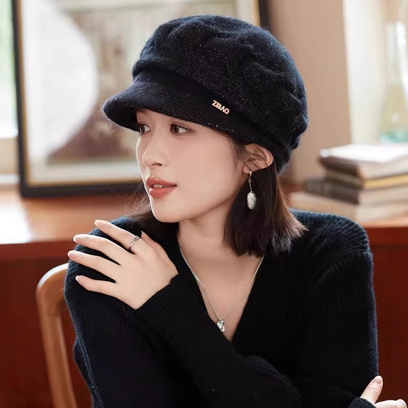 帽子女冬季秋冬针织毛线帽时尚兔毛贝雷帽韩版潮鸭舌帽加厚渔夫帽