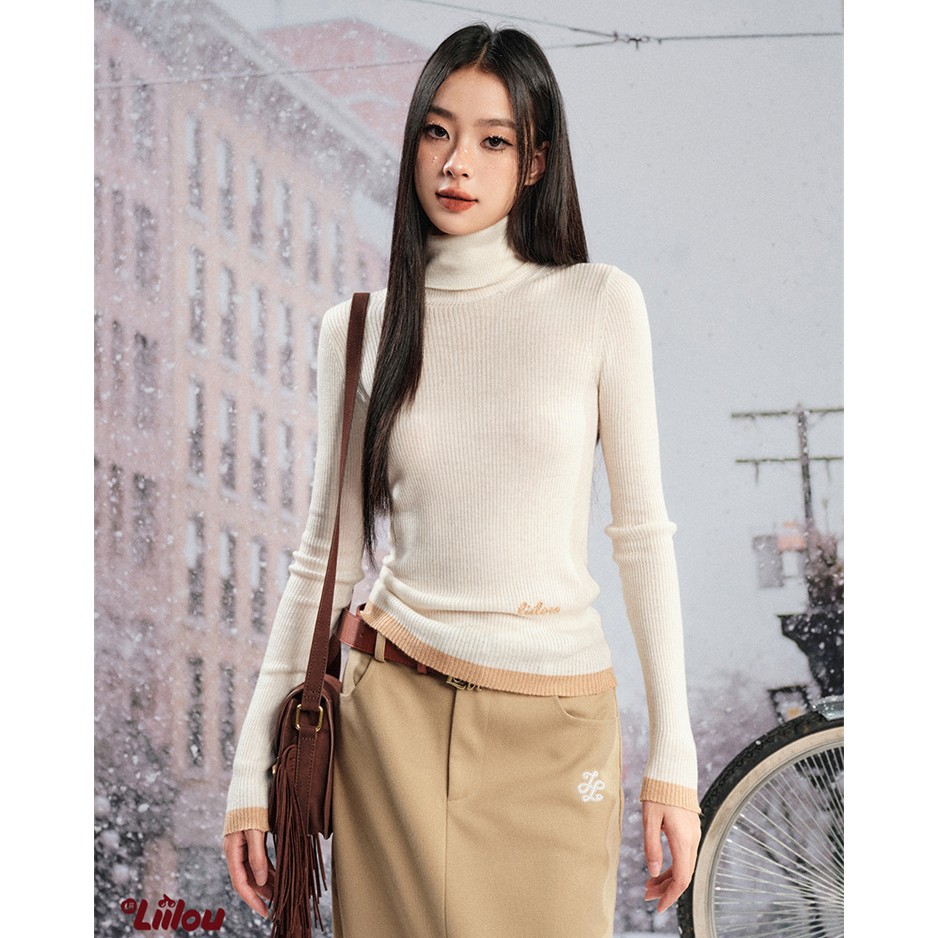 3265【金拐子专属】Liilou 秋冬刺绣撞色高领修身打底针织衫
