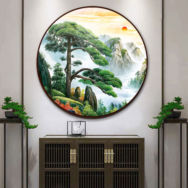 满绣十字绣全珠子绣 迎客松 圆形山水风景新款串珠绣彩珠绣珠珠绣