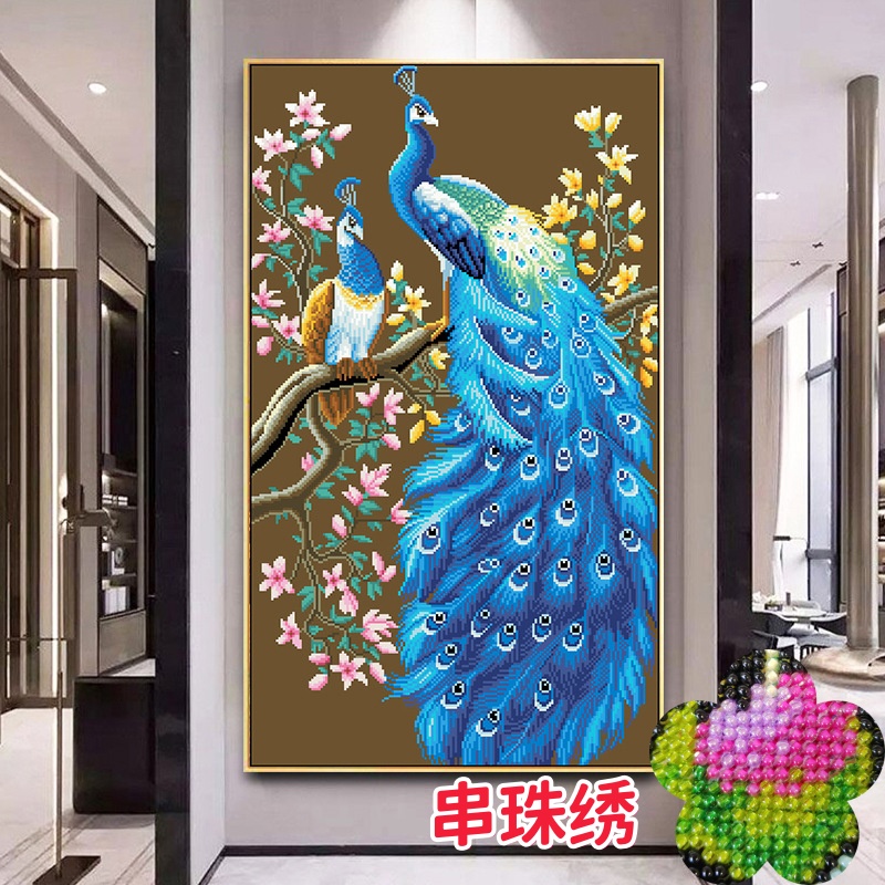 满绣格子全珠子绣孔雀图花开富贵竖版玄关客厅新款串珠绣彩珠绣