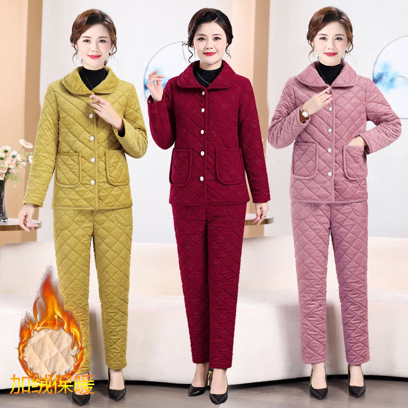 时尚套装中老年妈妈冬季新款加绒棉袄加厚棉衣保暖棉裤棉服两件套