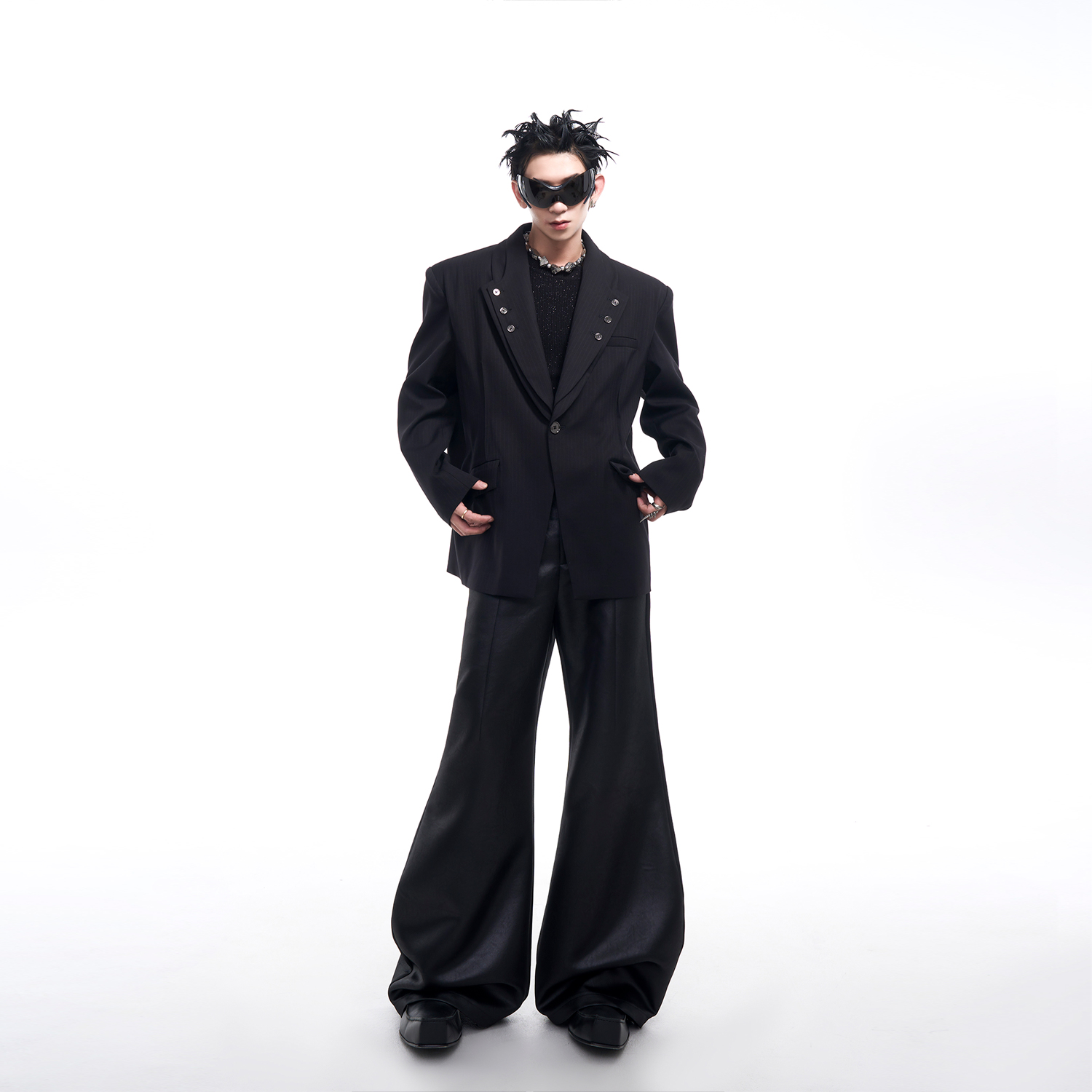 STARTEXCEEDEND双层叠领条纹西服外套男秋冬高级感秀场西装男士