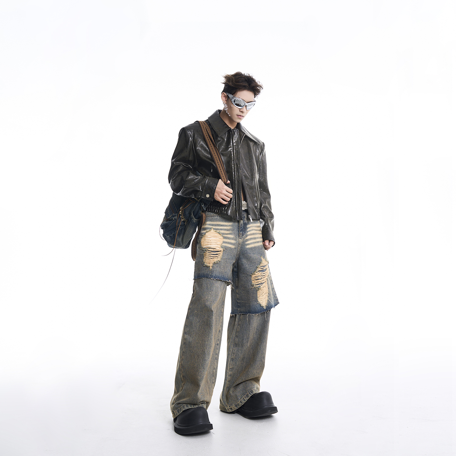 STARTEXCEEDEND重磅短款垫肩皮衣外套男秋冬潮流痞帅廓型机车服