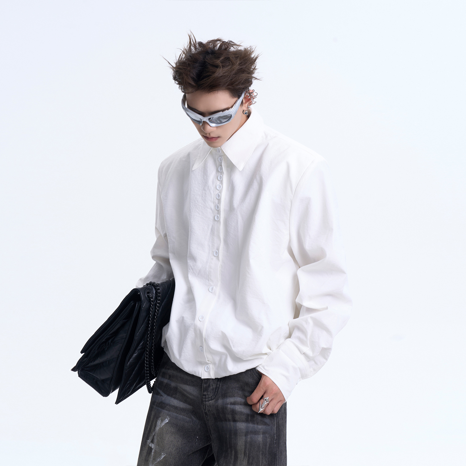 STARTEXCEEDEND小众排扣领设计感衬衫男秋季垫肩长袖衬衣夹克外套