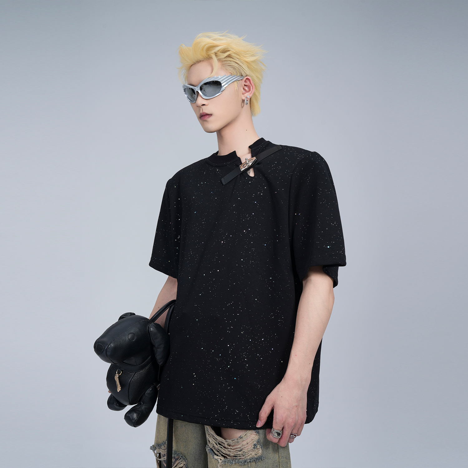 高级感小众星星断领 短袖T恤男夏季结构设计宽松休闲半袖上衣