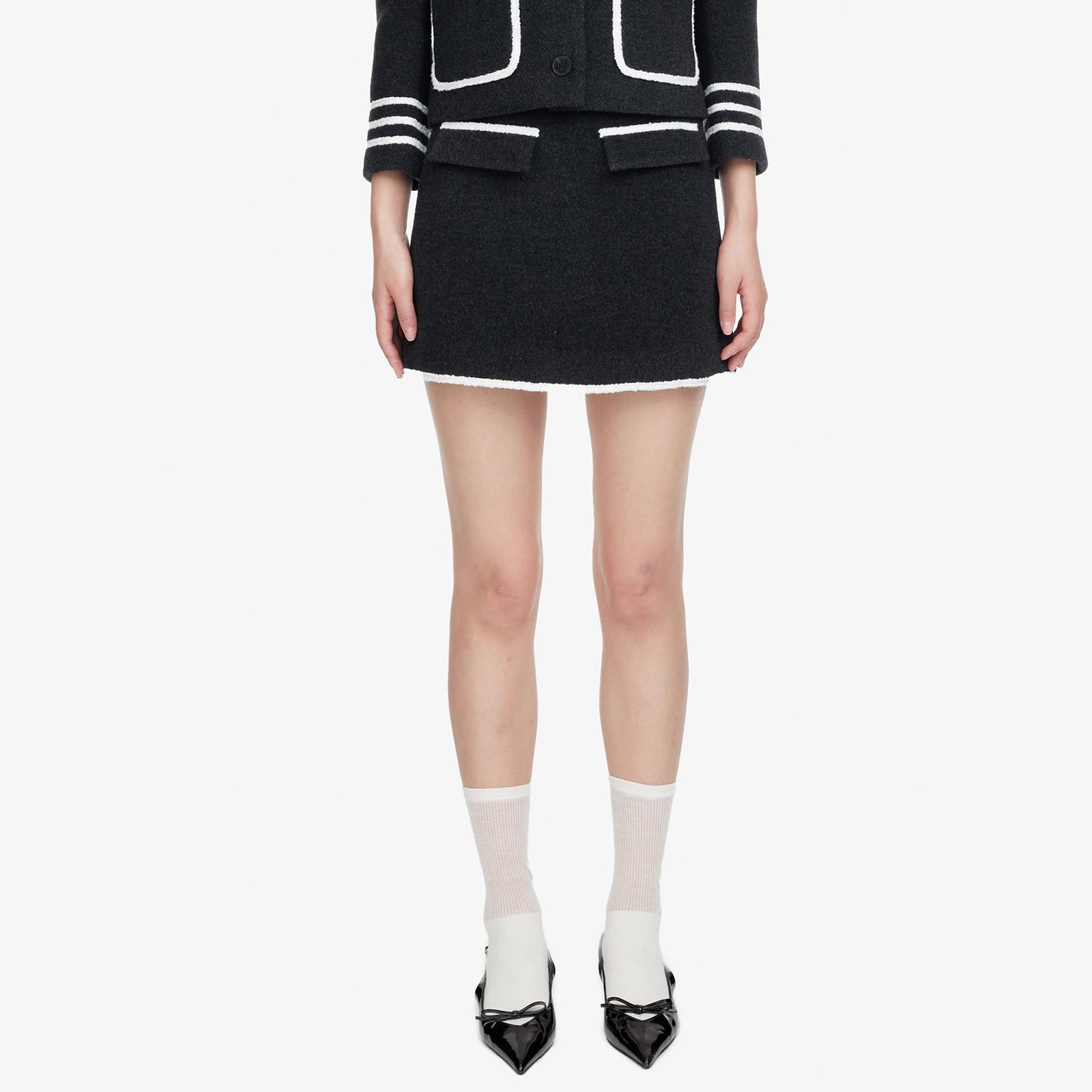 HERLIAN 秋季新品女士白边拼色毛呢A字裙