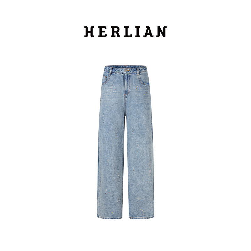 HERLIAN 春季新品新年系列女烫钻装饰中腰牛仔裤