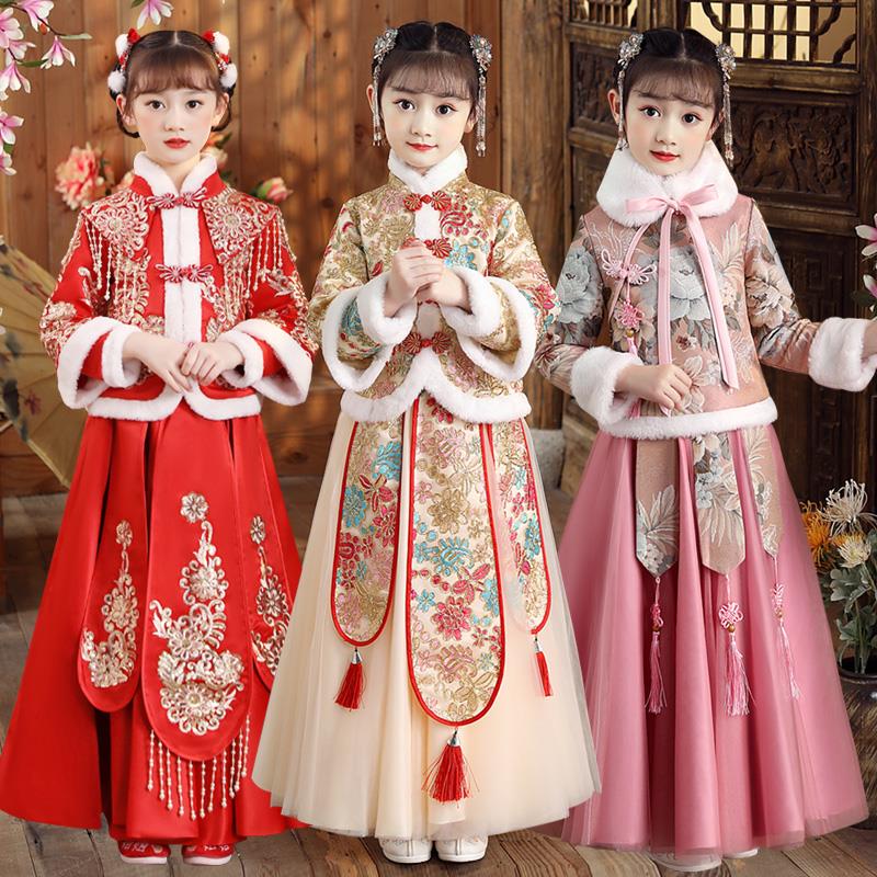汉服女童冬季裙子2023新款儿童冬装加绒连衣裙秋冬款公主裙拜年服