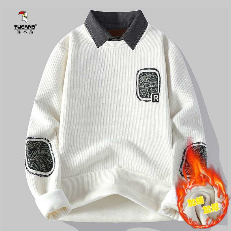啄木鸟2024年衬衫领假两件秋冬季新款男士加绒加厚毛衣帅气针休闲
