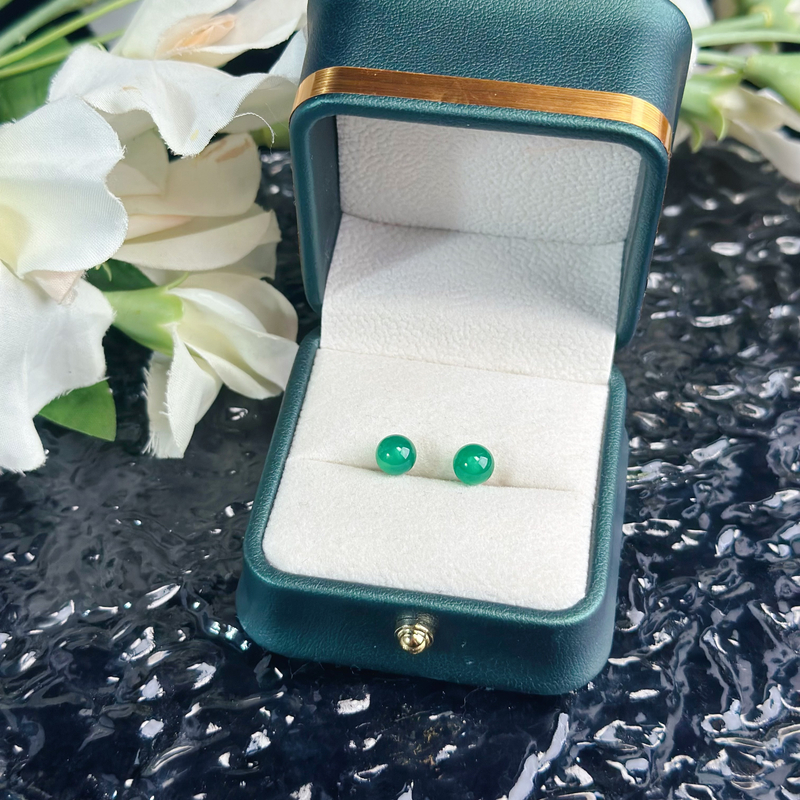 约6mm绿玉髓玛瑙圆珠银耳钉