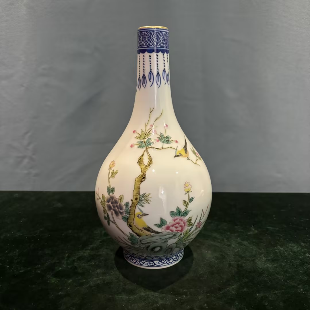 青花粉彩描金富贵花鸟纹长颈瓶FC-092308