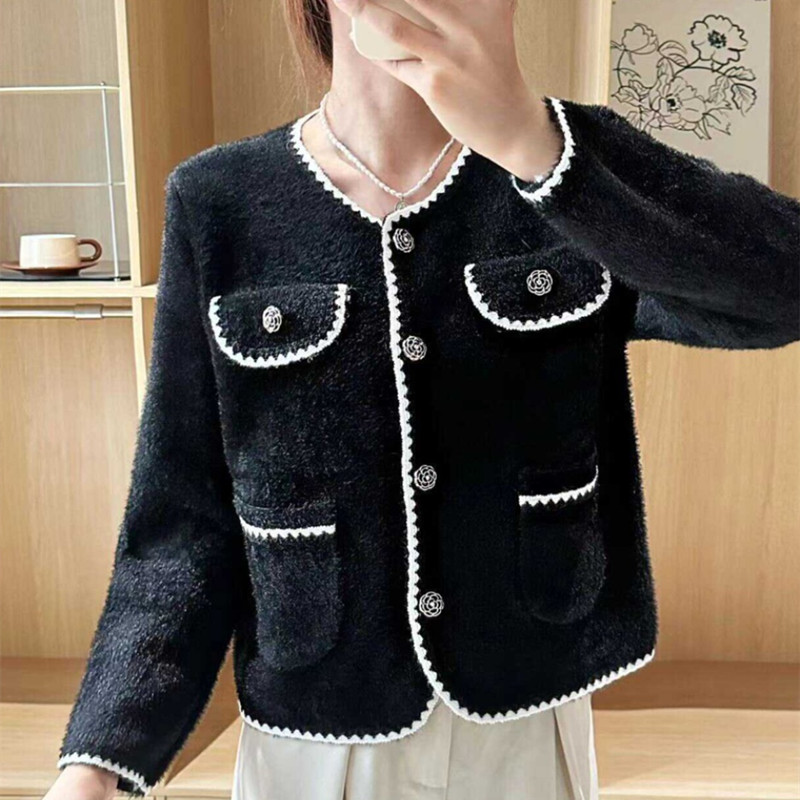 小香风女士短款外套宽松百搭高级感上衣2024秋冬新款仿貂绒开衫女