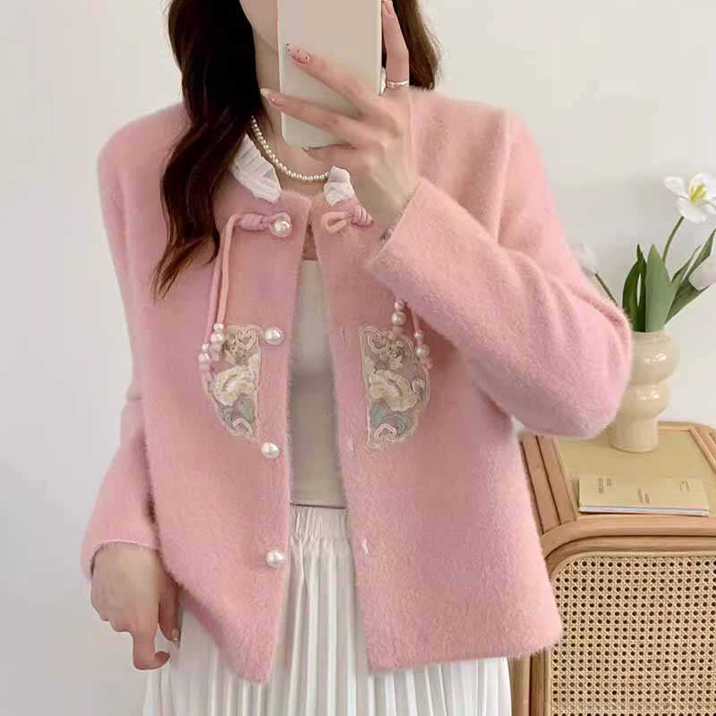 新中式重工刺绣短外套女秋款2024秋冬新款国风开衫外搭针织上衣女