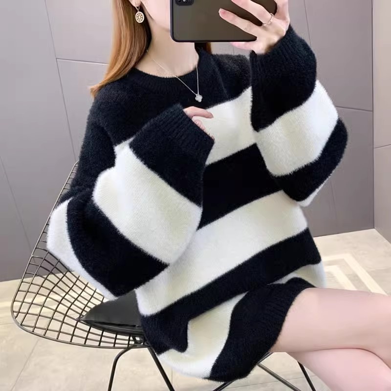 软糯毛衣女冬加绒加厚秋冬2025新款宽松百搭中长款针织上衣打底衫