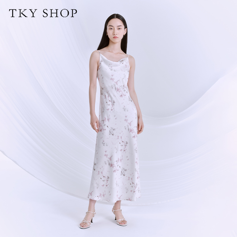 TKYSHOP春夏季荡领印花显瘦气质时尚淡粉吊带连衣裙 10G1KB03F011