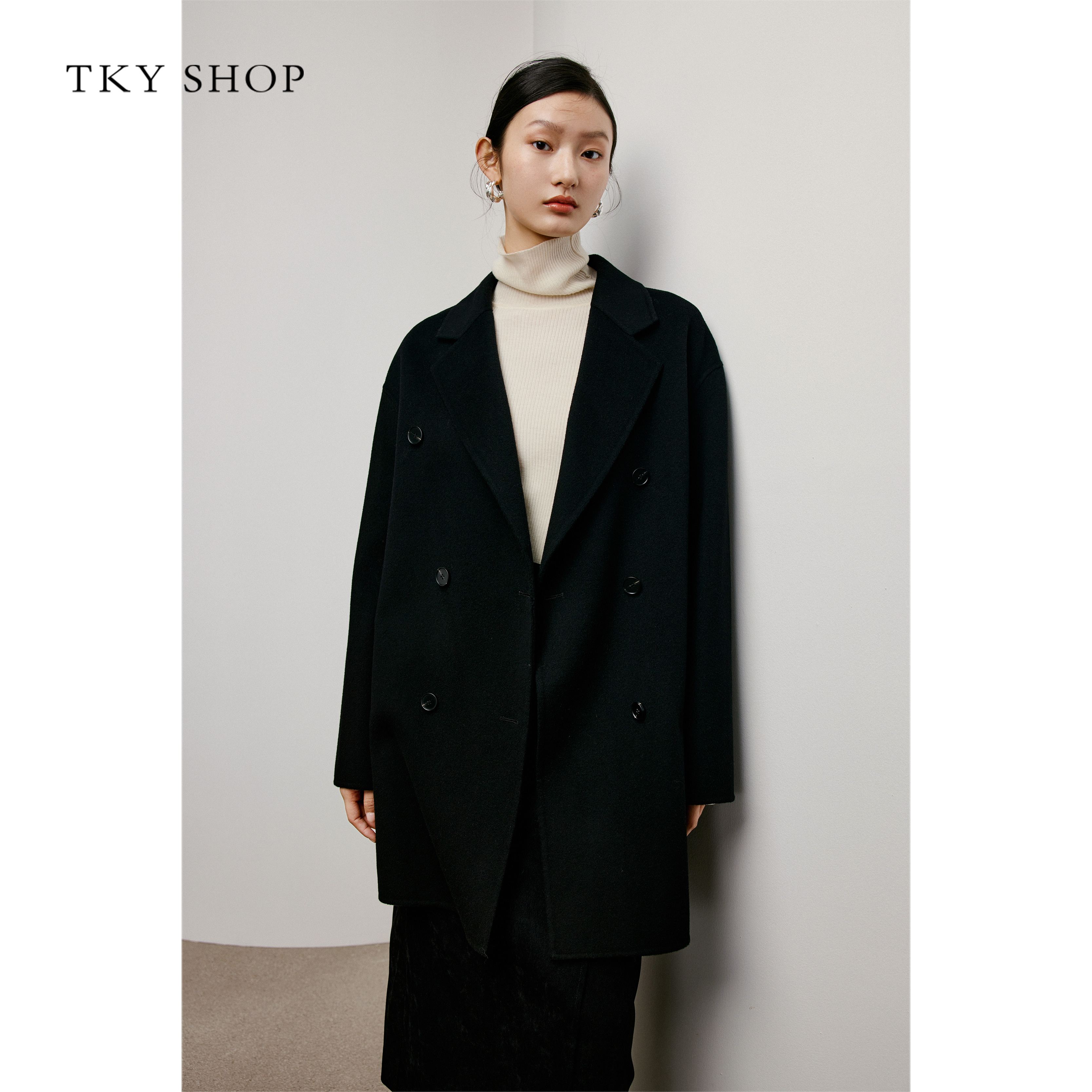 TKYSHOP双排扣西装式双面呢冬季经典黑色毛呢大衣女 10G1AA00D292