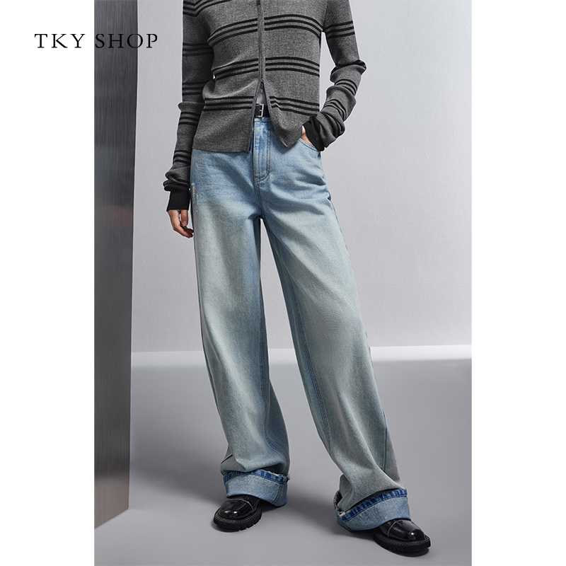 TKYSHOP100棉复古风浅色系水洗高腰牛仔长裤女春秋款10H1OA08P122