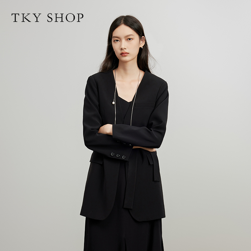 TKYSHOP简约时尚休闲黑色V领西装长袖高级感西装外套10G1BA02N070