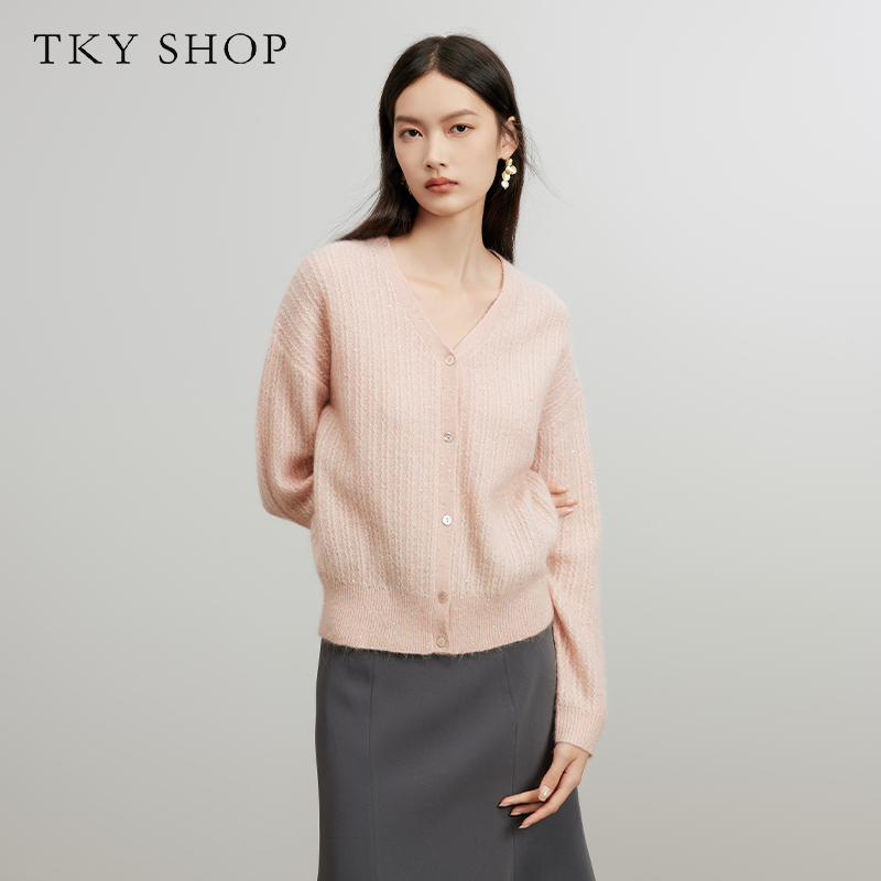 TKYSHOP【商场同款】粉色气质时尚简约长袖针织开衫秋 10G1HA03N007