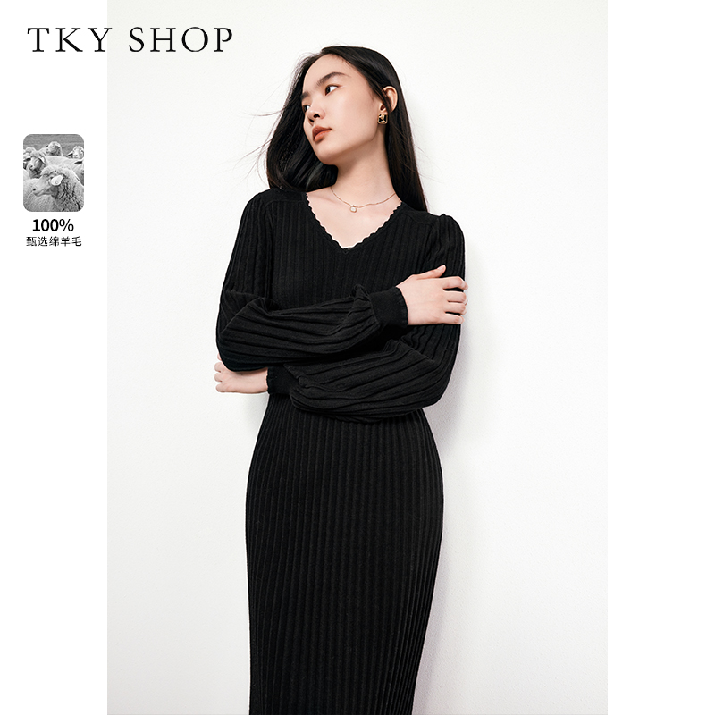 TKYSHOP【100%绵羊毛】高奢典雅黑秋冬修身针织连衣裙 10G1CI03S226