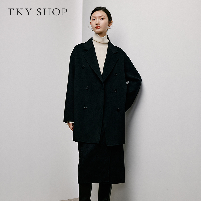 TKY SHOP黑色排扣羊毛大衣女2022年冬季10F1AA01R096休闲毛呢风衣
