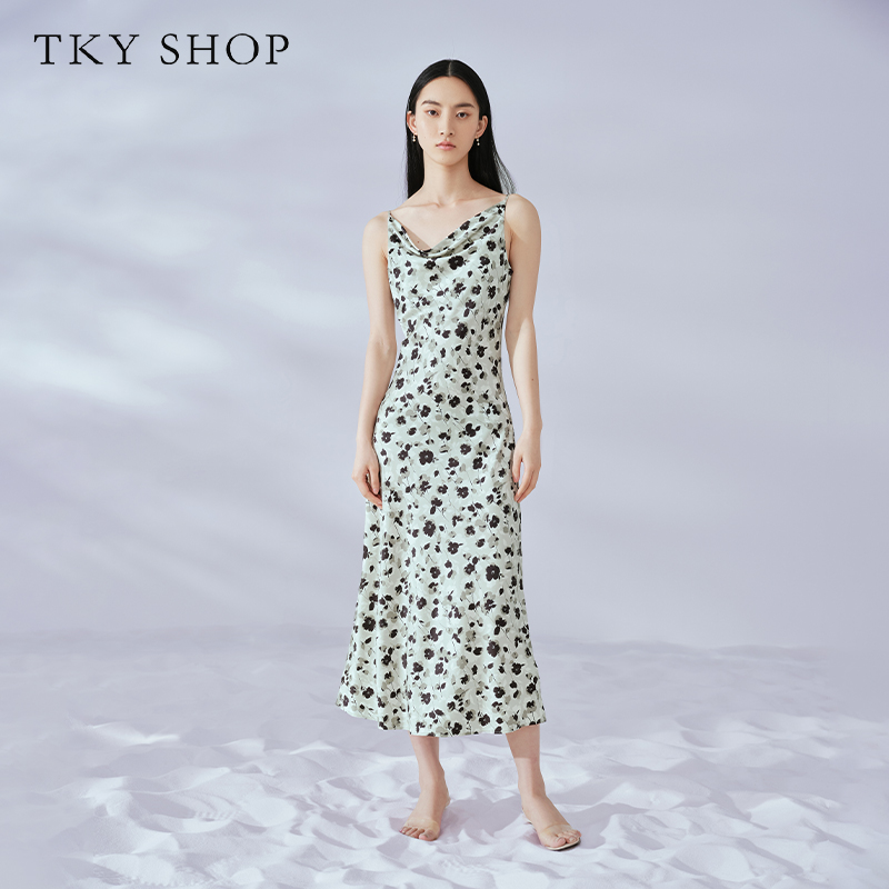 TKYSHOP油画色彩春夏季碎花气质修身荡领吊带连衣裙 10G1KB05G125