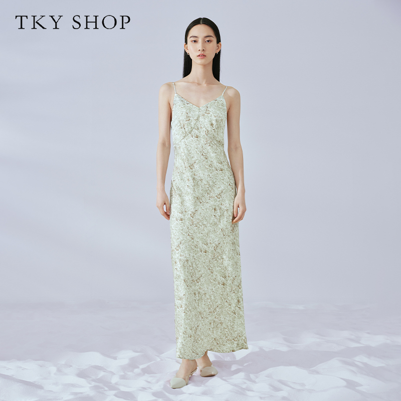 TKYSHOP春夏季V领修身气质复古绿碎花法式吊带连衣裙10G1KB04F047