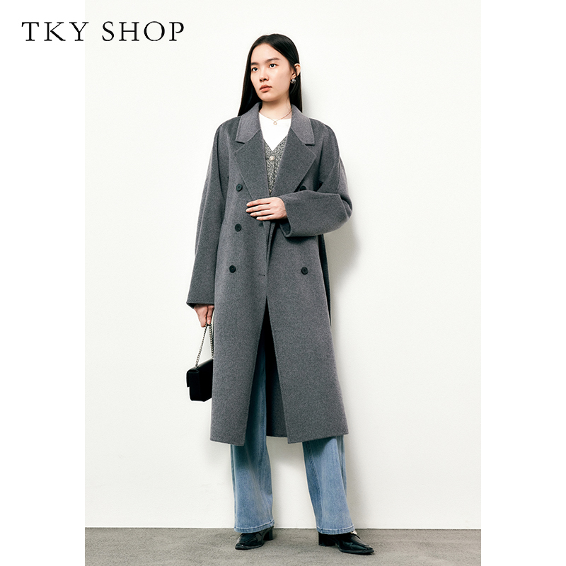TKYSHOP【经典老钱风】灰色双排扣宽松双面棉羊毛大衣 10G1AA04Z002
