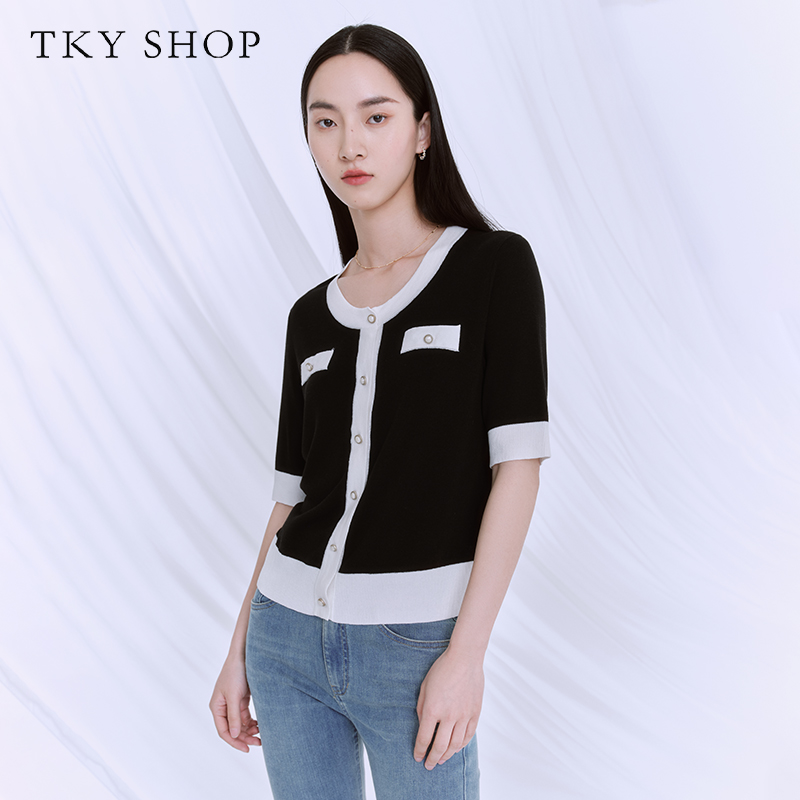 TKYSHOP春夏款黑白撞色圆领时尚小香风短袖针织短袖 10G1HE04F066