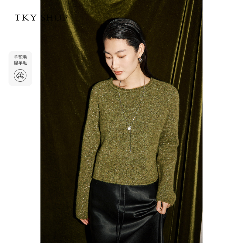 TKYSHOP海藻绿贵雅圆领短款针织衫女春秋款套头毛衣 10H1MA11Q096
