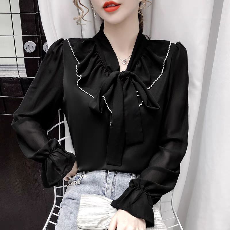 新款，时尚，v领，长袖，雪纺，薄款，内搭，衬衫