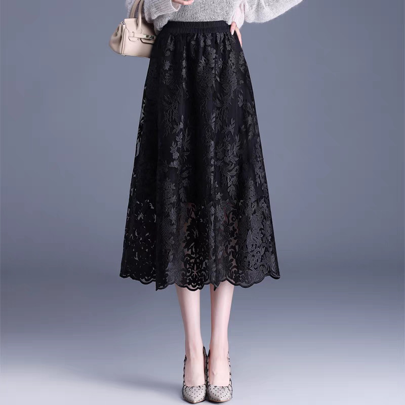 绣花半身纱裙高腰显瘦A字蕾丝半裙