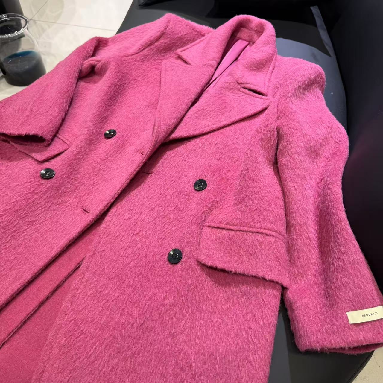 双面羊毛大衣长款秋冬短款毛呢外套双排扣呢子女西装领火龙果色