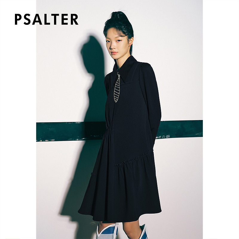 PSALTER/诗篇女冬季宽松翻领不对称木耳边雪纺裙连衣裙6C32505120