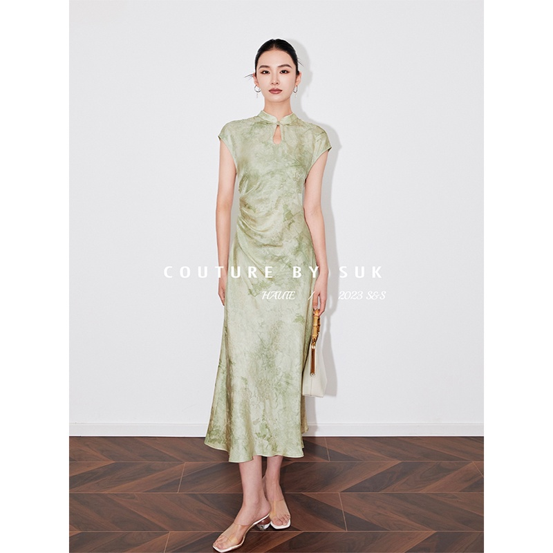 SUK【碧玉妆成】新中式国风新款桑蚕丝提花无袖旗袍连衣裙女SK3256