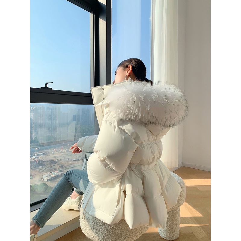 SUK【丹麦雪境】90白鹅绒羽绒服女连帽大毛领修身小个子外套SK1721