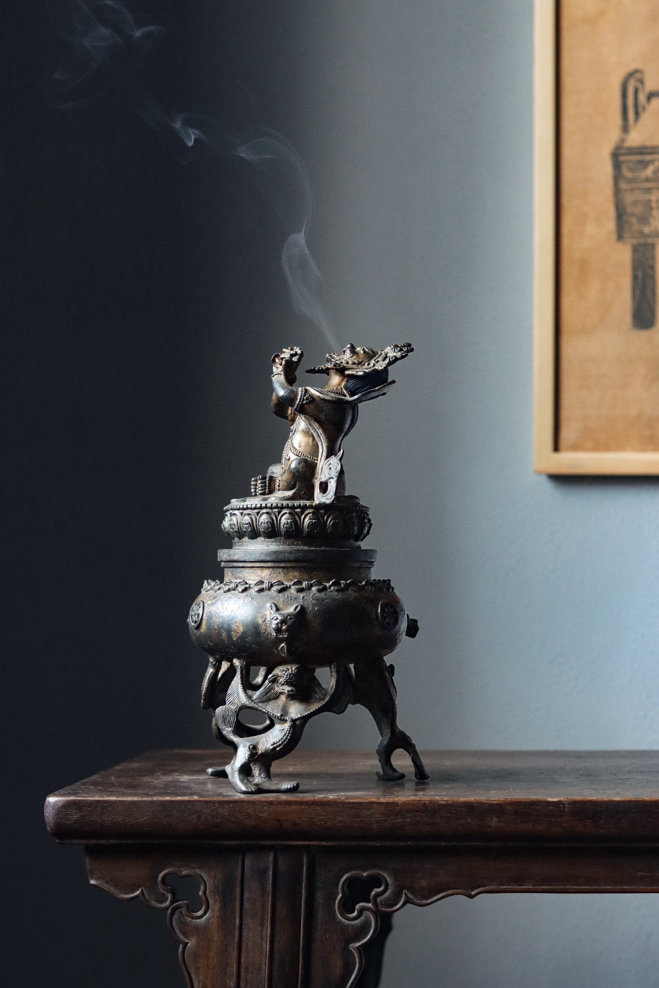 铜鎏金 【金刚手顶盖香薰炉 】 重5斤 高30厘米腹径15厘米