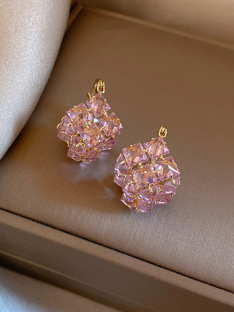 铜合金玻璃耳饰 粉色菱形耳环女轻奢高级感小众耳扣耳圈气质耳饰 
