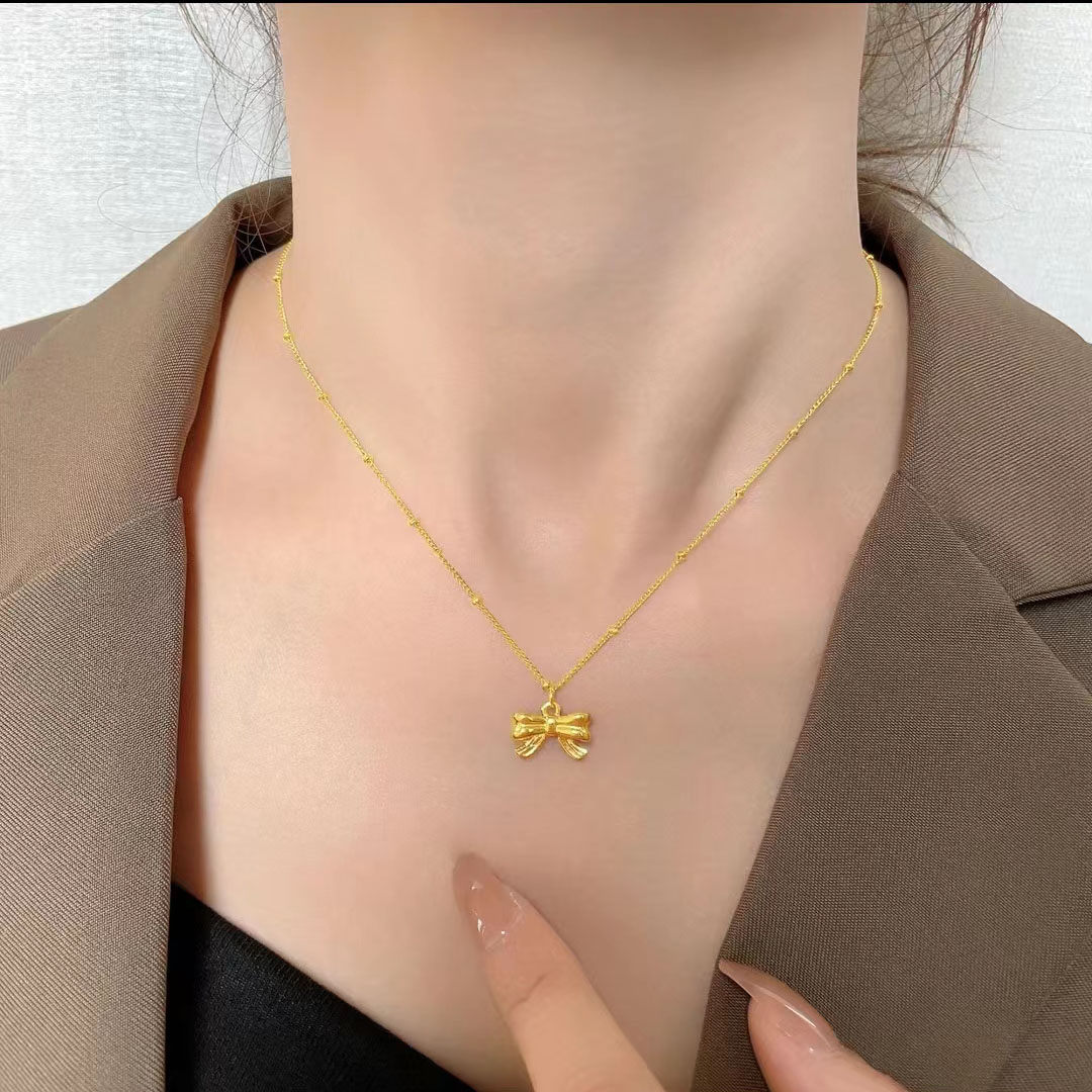 钛钢项链 【yo10】设计感时尚可爱金色蝴蝶结个性百搭项链TGXL988