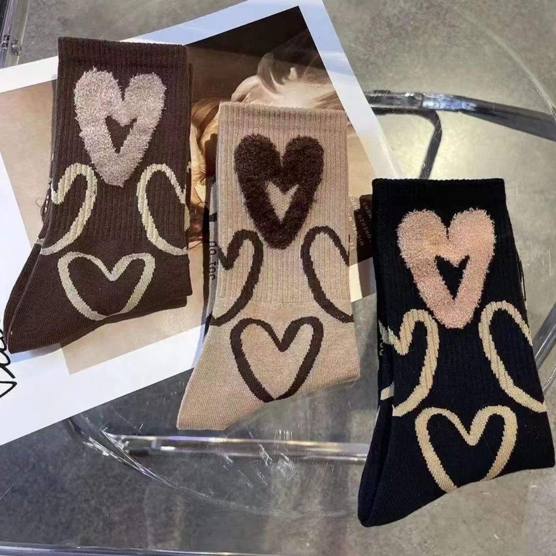 秋冬款简约高腰袜子女奶糯糯咖系堆堆袜立体羽毛爱心女生袜子潮流