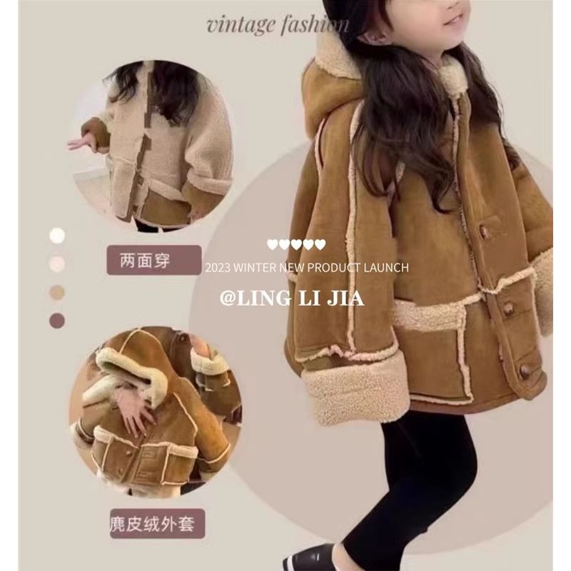 女童冬季新款洋气连帽双面穿外套宽松儿童棉服加绒大衣冬皮毛一体