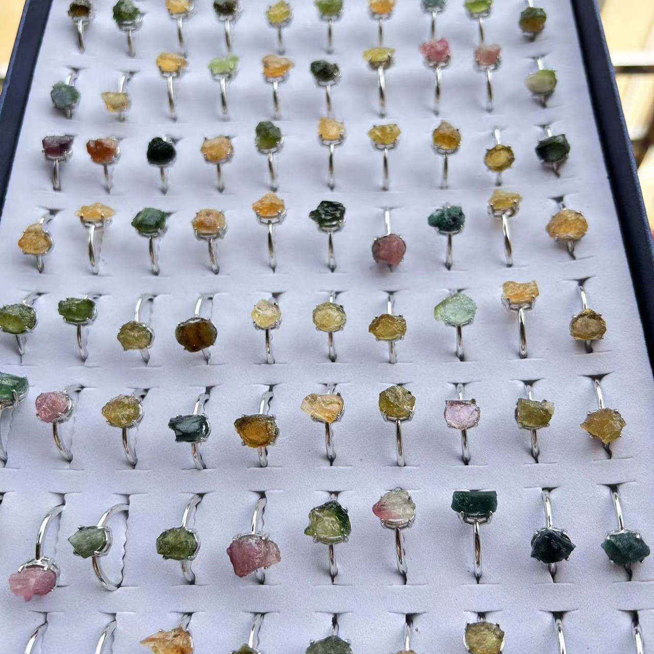 天然碧玺原石合金戒指彩色宝石彩虹碧玺原矿碎石戒指圈口可调节