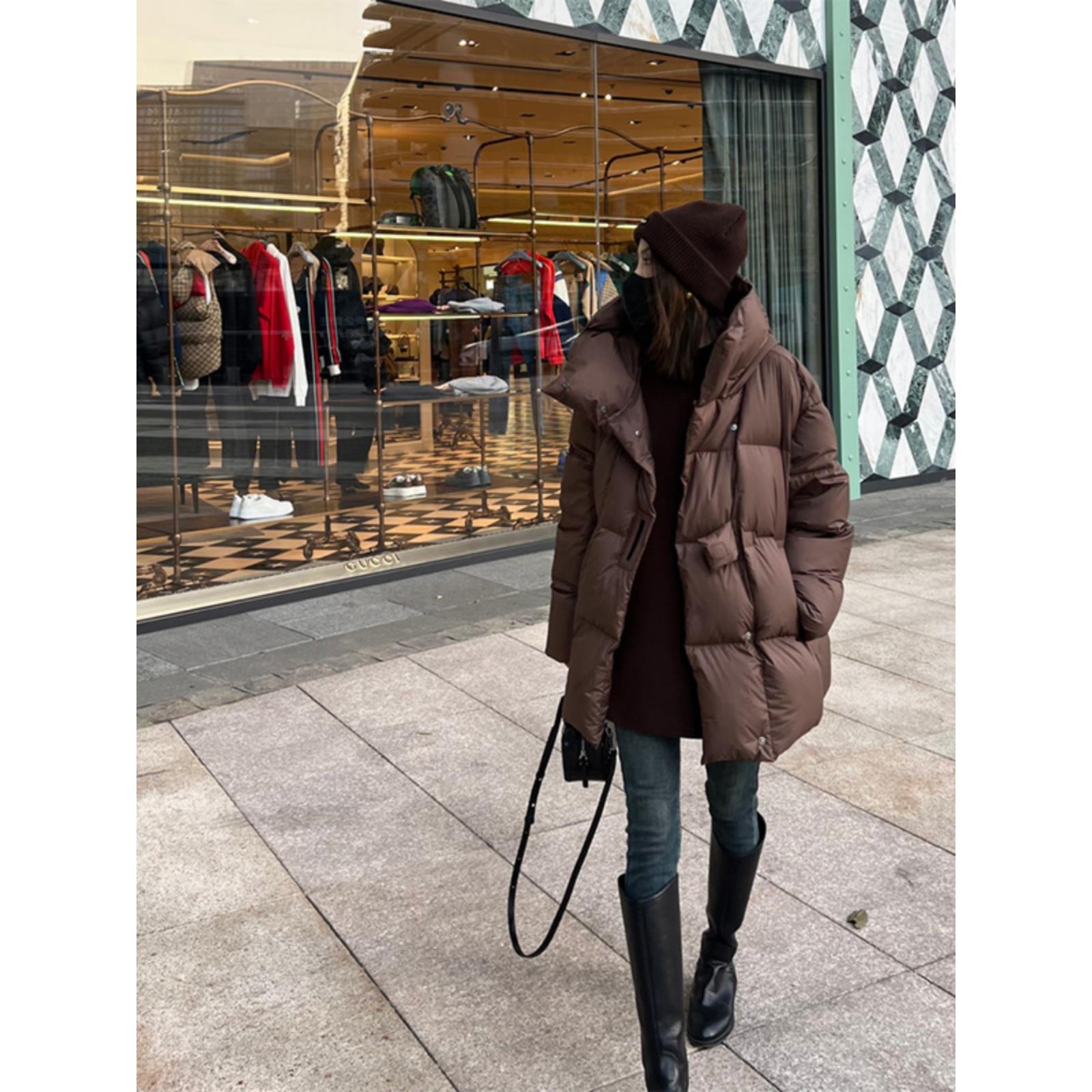 雅鹿时尚美拉德风高级感中长款羽绒棉服女冬季新款欧洲站连帽棉袄