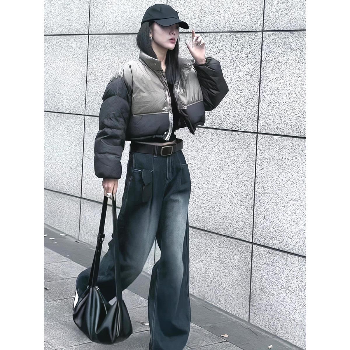 雅鹿黑色羽绒棉服女装冬季新款棉衣加厚棉袄洋派减龄拼接撞色短款