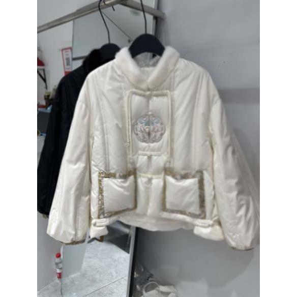 雅鹿90绒新中式国风刺绣羽绒服女冬水貂毛立领宽松白鸭绒短外套小
