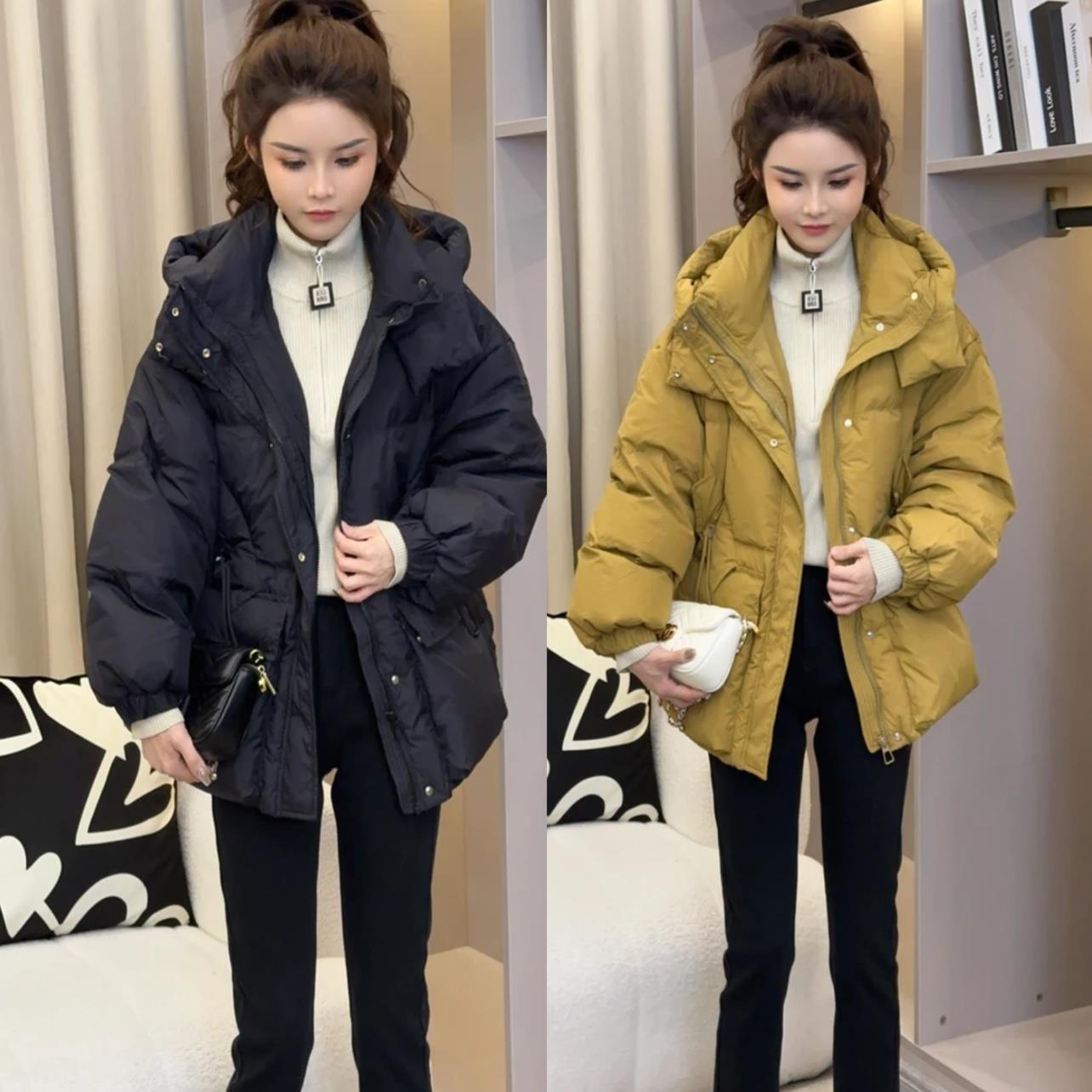 雅鹿韩版双口袋收腰白鸭绒连帽显瘦羽绒服外套女冬季新款小个子面