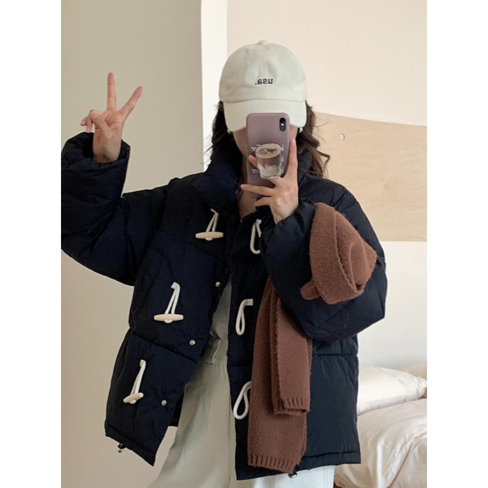 雅鹿减龄羽绒棉服女胖妹妹冬季2023新款牛角扣面包服宽松立领棉衣