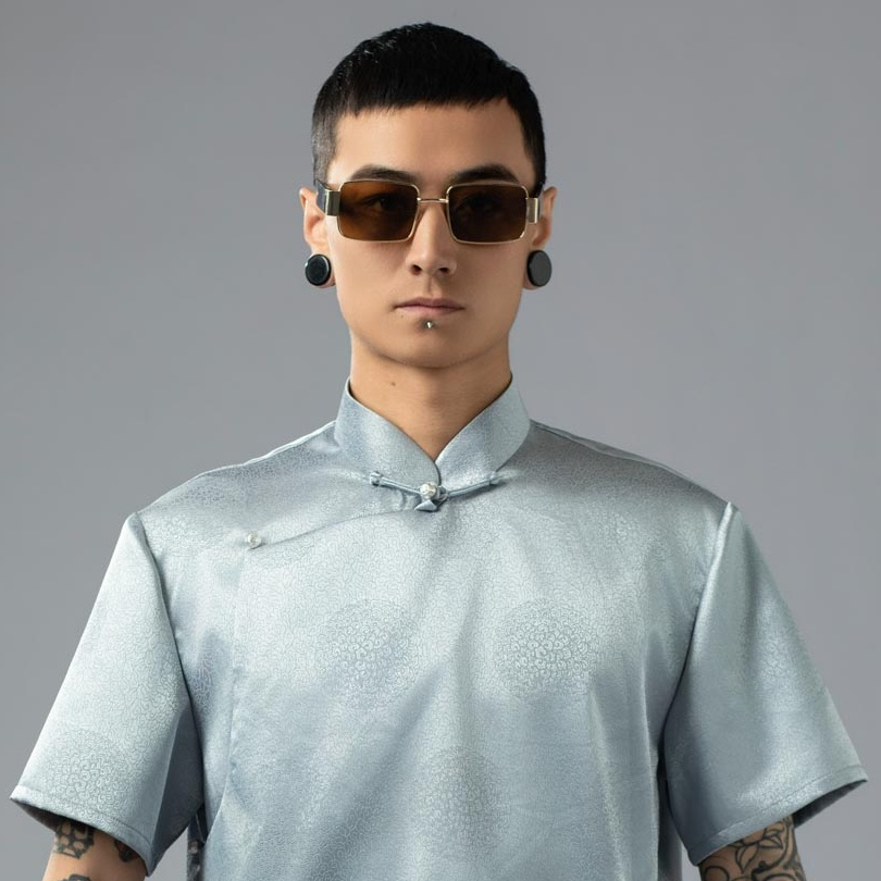 MXOL-1331蟒古斯男士民族风夏季衬衫立领提花日常